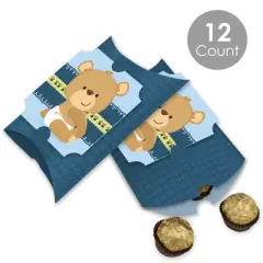 Big Dot of Happiness Baby Boy Teddy Bear - Favor Gift Boxes - Baby Shower Large Pillow Boxes - Set of 12