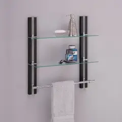 Two Tier Deluxe Wood Glass Shelf with Towel Bar Brown - Organize It All