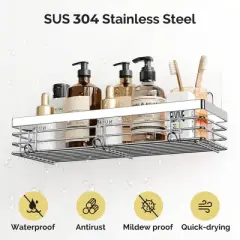 Aoibox Adhesive Shower Caddy with Soap Dish Holder and Hooks, Wall Mounted Bathroom Organizer,Stainless Steel Storage Rack,No Drilling Required,3-Pack