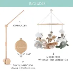 The Peanutshell Deluxe Wooden Crib Mobile Set with Arm, Music Box and Safari Serenity Baby Mobile, Multicolored