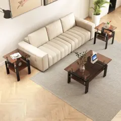 KWPZQEB Set of 2 Modern Tempered Glass Tea Table with Metal Frame and Storage Shelves, Modern Coffee Table, End Table for Living Room, Balcony