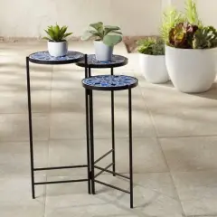 Teal Island Designs Modern Black Round Outdoor Accent Side Tables 10" Wide Set of 3 Blue Mosaic Tabletop for Front Porch Patio Home House