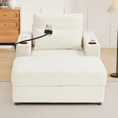 Whisen Chenille Chaise Lounge Sofa Couch with Storage Ottoman, USB Ports, Cup Holders, Phone Holder & Side Pockets