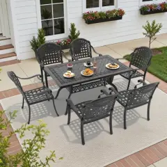 7-Piece Cast Aluminum Outdoor Dining Set: Rectangle Table, Stackable Chairs & Blue Cushions - All-Weather Patio Furniture for Your Backyard