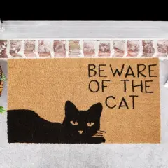 Juvale 17 x 30 In Beware of The Cat Welcome Mat for Front Door, Natural Coir Doormat
