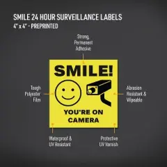 Avery Smile You're on Camera Video Surveillance Labels, Waterproof, UV Resistant, Preprinted, 4" x 4", 8 Labels