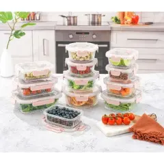 JoyJolt 24 Piece Fluted Glass Food Storage Containers with Leakproof Lids Set - Pink