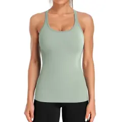 Attraco Women's Ribbed Workout Tank Tops with Built in Bra Tight Racerback Scoop Neck Athletic Top Yoga Tops