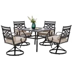 5pc Outdoor Dining Set with Swivel Chairs with Seat & Back Cushions & Square Metal Table with Umbrella Hole - Captiva Designs