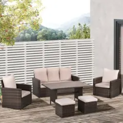 Outsunny 6 PCS Patio Dining Set All Weather Rattan Wicker Furniture Set with Wood Grain Top Table and Soft Cushions