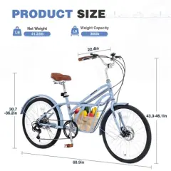 YONWAY 24 Inch Cruiser Bike, 6 Speeds Hybrid Bikes With Dual Disc Brake Suitable For Leisure Riding And Long-distance Commuting