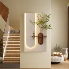 KWPZQEB Sandstone Wall Decor with Adjustable 3-Color LED and Simulated Green Plants, Glass Vase, Rabbit Statue, PVC Wall Art for Living Room, Hallway