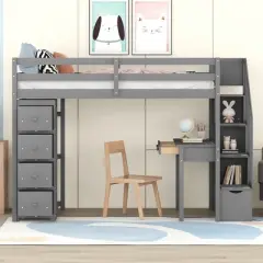 Twin Size Wooden Loft Bed With Storage Drawers, Desk And Shelves - ModernLuxe