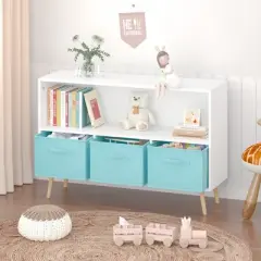 TopComfy Decorative Bookshelf Kids Bookcase with Fabric Drawers for Playroom Nursery, White Blue, 35.43"*11.02"*23.62"