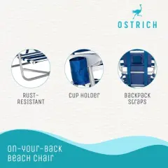 Ostrich On-Your-Back Sand Chair with Zippered Side Pocket and On-Your-Back Outdoor 5-Position Reclining Beach Chair with Backpack Strap, Striped Blue