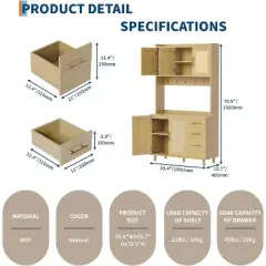 71" Rattan Boho Pantry Cabinet, Freestanding Kitchen Hutch with Microwave Shelf, 3 Drawers & 6 Hooks