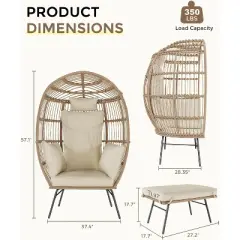 Egg Chair with Footrest, Wicker Patio Lounger with Ottoman, Oversized Rattan Egg Shaped Chair with Leg for Indoor Outdoor