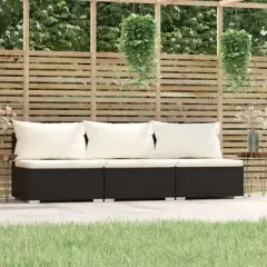 vidaXL Black Patio Furniture Poly Rattan - Cream Cushions - 3 Seats - Middle Sofa