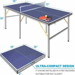 COZONY 6x3 FT Table Tennis Table, Foldable Portable Set with Net, 2 Paddles & 3 Balls for Indoor/Outdoor Play, Blue