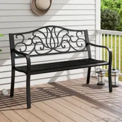 Tangkula 2-person Metal Bench w/ Floral Pattern Slanted Backrest Slatted Surface Black