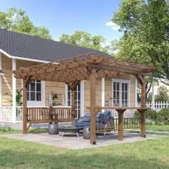 Outsunny 14' x 10' Wooden Pergola, Outdoor Grill Gazebo with Bar Counters and Seating for Garden, Patio, Backyard, Deck