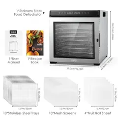 YASHE Stainless Steel Food Dehydrator with 48H/72H Timer Adjustable Temp, 85000W-1300W, for Jerky, Herbs, Meat, Fruit & Dog Treats + Recipe Book
