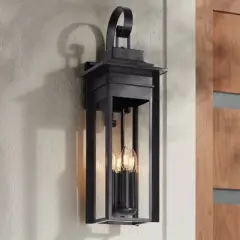 Franklin Iron Works Bransford 28 1/4" High Farmhouse Rustic Outdoor Wall Light Fixture Mount Porch House Scroll Black-Specked Gray Metal Glass Shade