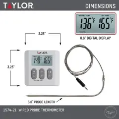 Taylor Programmable Digital Probe Kitchen Meat Cooking Thermometer with Timer: Stainless Steel, Digital Display, 482&deg;F Max