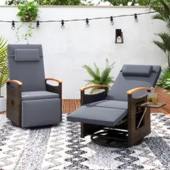 Tangkula Set Of 2 Patio Rattan 360&deg; Swivel Recliner Chair Wicker Lounge Chair w/Adjustable Backrest & Footrest Reclining Seat w/Flip Side Table