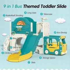Sandinrayli 9 in 1 Toddler Slide, Bus-Themed Kids Slide and Climber Playset Green+yellow