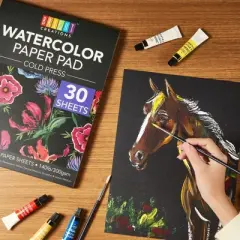 Bright Creations 30 Sheets Cold Press Watercolor Paper, Black Drawing Paper Pad for Acrylic, Gouache, and Metallic Color, 9 x 12 In