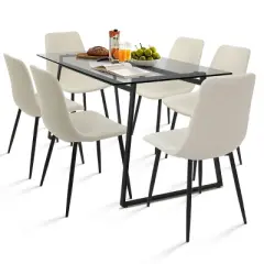 Mona+Bingo 7-Piece Black Rectangular Clear Tempered Transparent Glass Table with 6 Upholstered Side Chairs-Maison Boucle