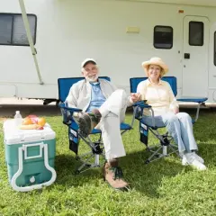 Costway 360&deg; Swivel Hunting Chair with Mesh Cup Holder & Storage Pockets Cozy Backrest Blue/Camo