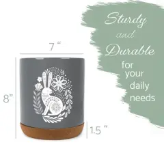 Elanze Designs 8 inch Floral Rabbit Leaf Dot Pattern Large Ceramic Kitchen Utensil Holder Gray and White Crock with Cork Base