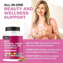 Biotin Collagen Keratin Hyaluronic Acid and B Complex Supplement Capsule, Beauty Vitamins for Women for Hair Skin and Nail Support, Bioschwartz, 60ct