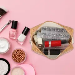 Unique Bargains Canvas Portable Travel Wood Grain Pattern Makeup Bag 7.80"x2.36"x5.51" Beige 1 Pc