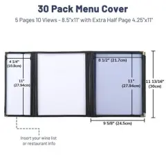 WeChef 30 Pcs Menu Covers 8.5x11" 5 Page 10 View & 4.25x11" Half Page Wine List