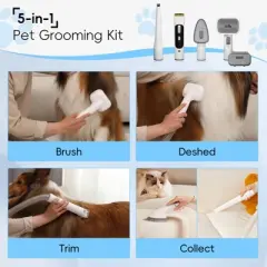 Pet Grooming Vacuum, 5-in-1 Dog Hair Clipper with 3L Large Dustbin, 3 Modes & Low Noise for Efficient Cleaning