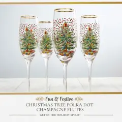 Spode Christmas Tree 8.45 Fl. Oz. Footed Champagne Flute (Set of 4), Polka Dot - Sparkling Wine Glasses for Holiday Celebrations