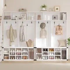 Acekool 76" Hall Tree with Bench, Shoe Storage, Coat Rack, 6 Hooks & Adjustable Shelf, Farmhouse Entryway Organizer, White