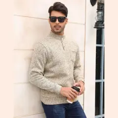 Men's Mock Neck Button-Front Sweatshirt - Long Sleeve Fleece Pullover with Chest Pocket