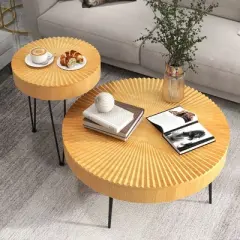 Costway Farmhouse Round Coffee Table Set of 2 End Table Natural Finish for Living Room