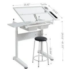 Gulches White Hand Crank Adjustable Drafting Table with 2 Metal Drawers Stool 5mm Tempered Glass Top 75 105cm Height