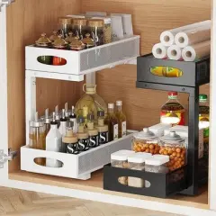 Acekool 2-Tier Under Sink Pull-Out Organizer with Adjustable Height &ndash; Kitchen & Bathroom Cabinet Storage with Mesh Baskets
