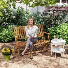 Outsunny 2-Person Foldable Wood Outdoor Bench with Backrest and Armrests for Patio, Garden, Porch, Park, Balcony, Teak