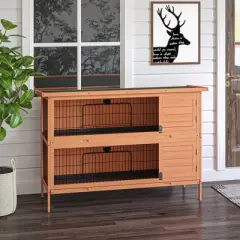 PawHut 54" 2-Story Large Rabbit Hutch Bunny Cage Wooden Pet House Small Animal Habitat Lockable Doors, Tray, Roof for Outdoor/Indoor Orange