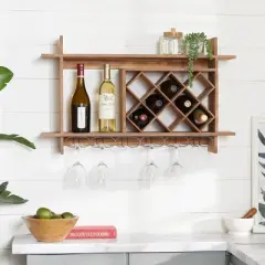 Wood Geometric 8 Bottle Slot Wall Wine Rack with 6 Glass Holder Slots Brown - Olivia & May