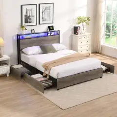 Okak Platform Bed Frame with Storage Headboard Bed with Charger Station and LED Light No Box Spring Needed Noise-Free Metal Slats