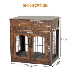 COZONY Wooden Dog Crate Furniture with 2 Drawers & 3 Doors, Removable Cushion, Decorative End Table Pet Cage for Small to Large Dogs