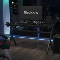 BlackArc Black Gaming Desk Featuring Detachable Cupholder/Headphone Hook, Two Cable Management Holes & Removable Mousepad Top